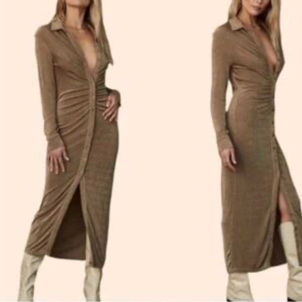 12th Tribe Tan Long Sleeve Ruched Dress